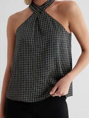 Express Black Geometric Halter Top Twisted Cross Neck M